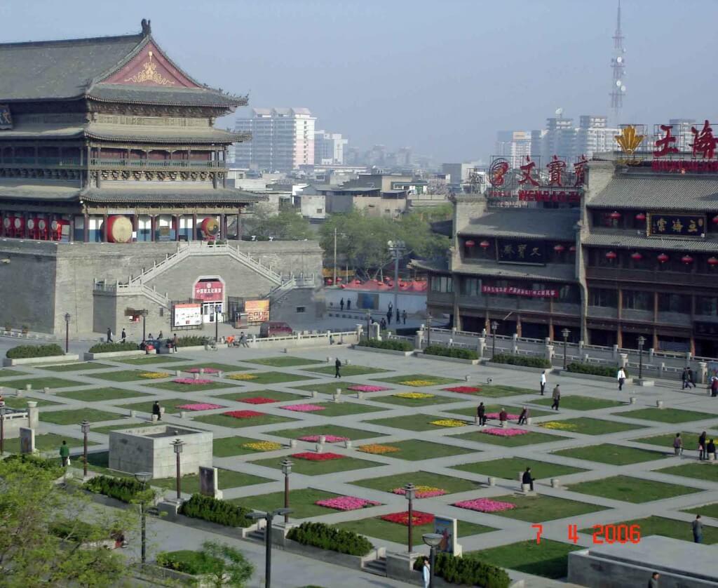 Xian City view of Drum Tower and garden square from our room at Bell Tower Hotel