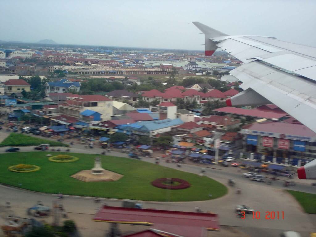 First view of city, coming in to land at Phnom Penh airport, Cambodia 2011