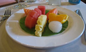 Lotus Blanc Practice Restaurant. Fresh fruit is traditionally served as a dessert in Cambodia
