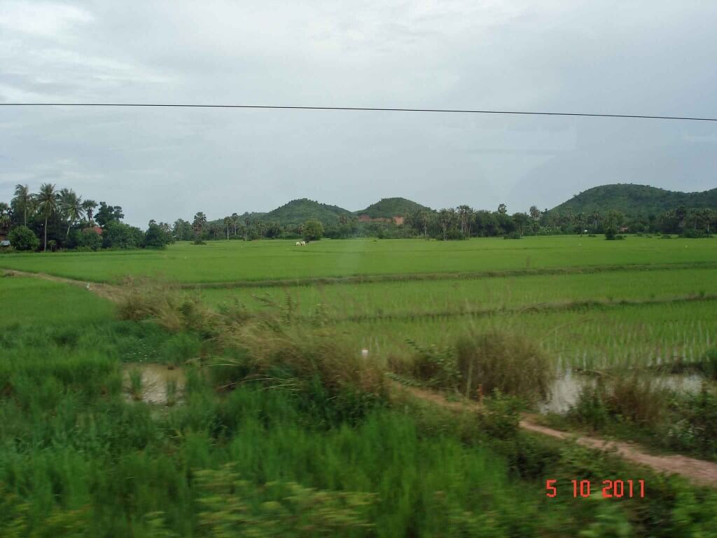 Kampot- a pretty rural are with rice fields and mountain backdrop.