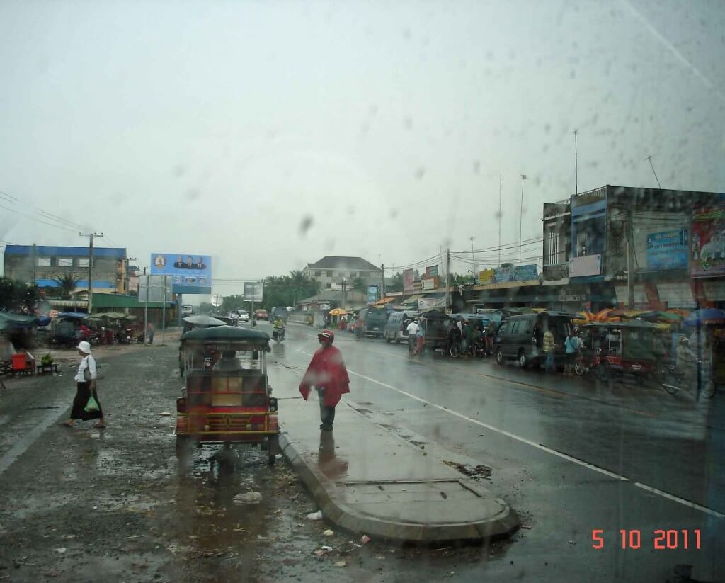 Kampot-driving through a rural town during a tropical downpour 