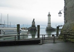the Ilsand of Lindau -New Lighthouse and statue of Bavarian Lion marks Harbour entrance