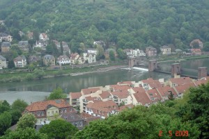 View from Heidelberg castle ruins to weir on Nectar river Heidelberg